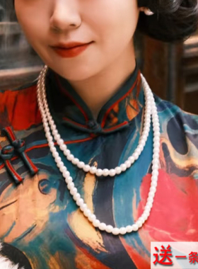 搭配旗袍珍珠项链新款双层叠戴中长款毛衣链子女士锁骨链颈链465
