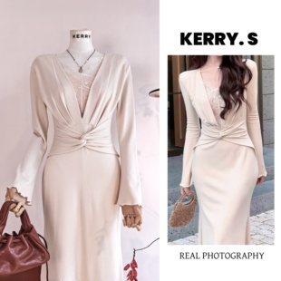 法式 包臀裙轻熟风气质秋冬扭结收腰长裙 V领蕾丝白色连衣裙女长袖