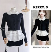 绢羽笔尖 三件套 显瘦短裤 2025气质开衫 花边拼纱下摆刺绣领白衬衫