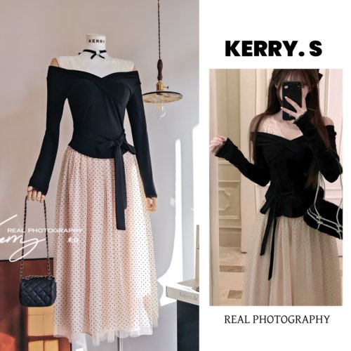 法式V领蕾丝拼接长袖针织衫套装