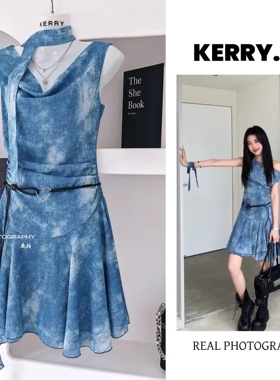 Kerry气质薄纱 夏日航海家 蓝色连衣裙女夏斜肩荡领无袖a字短裙子