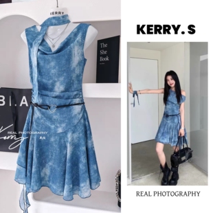 a字短裙子 蓝色连衣裙女夏斜肩荡领无袖 Kerry气质薄纱 夏日航海家