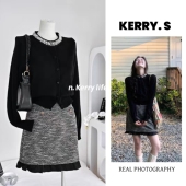 童话镇 法式 小香风高级感镶钻黑色针织衫 富家千金套装 女 半裙