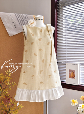 Kerry 小香风蝴蝶结飘带宽松黄色连衣裙miu系千金无袖娃娃裙女夏