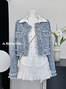 早秋套装 牛仔提花小香短外套女富家千金穿搭 收腰显瘦白色衬衫