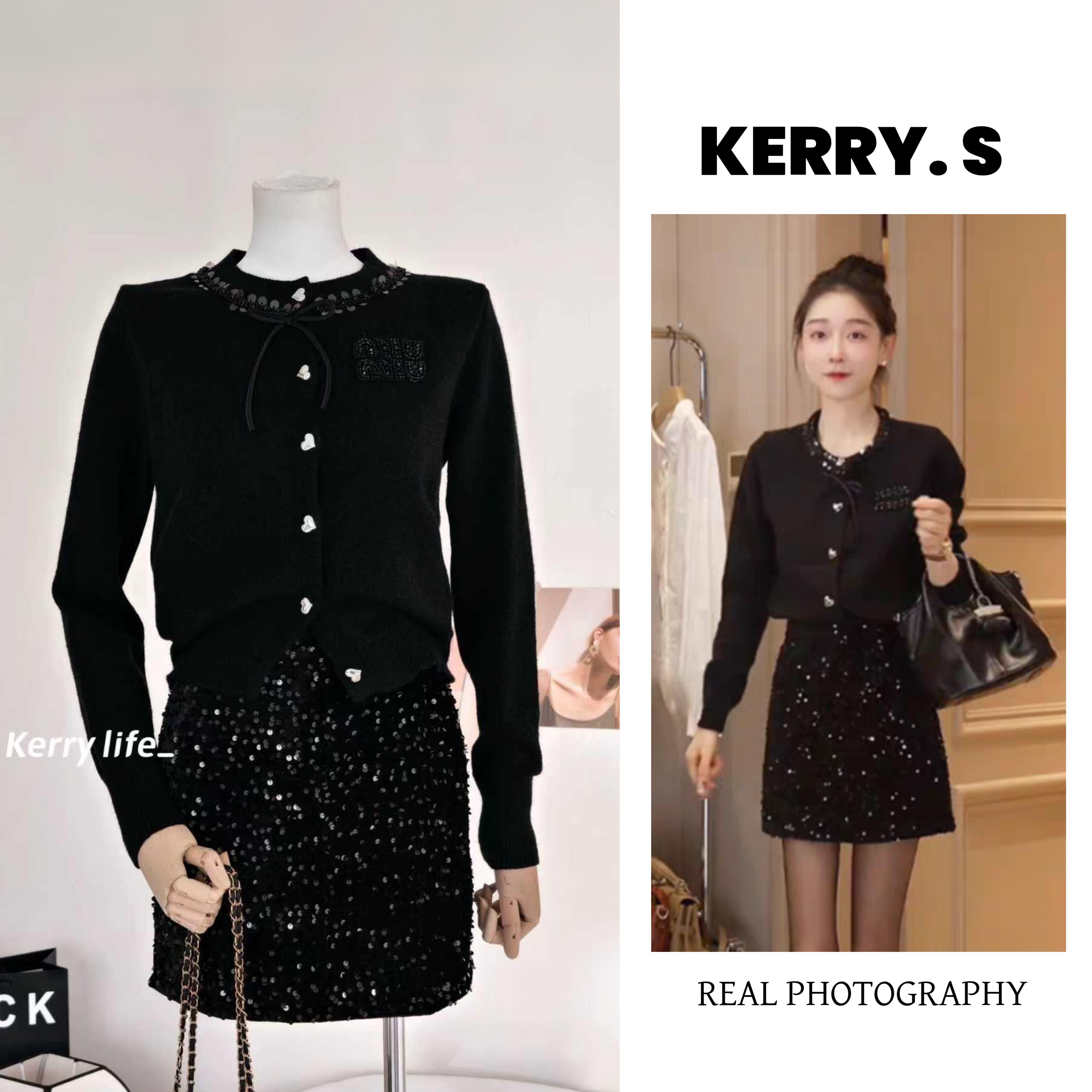 针织小香风毛衣+显瘦亮片短裙