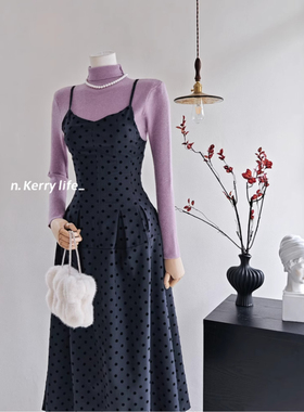 Kerry小香风套装裙 芋泥相遇 法式复古两件套拼色波点吊带连衣裙