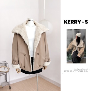 温柔风拼接环保仿羊羔绒绗棉派克服女冬季 外套 大翻领宽松落肩工装