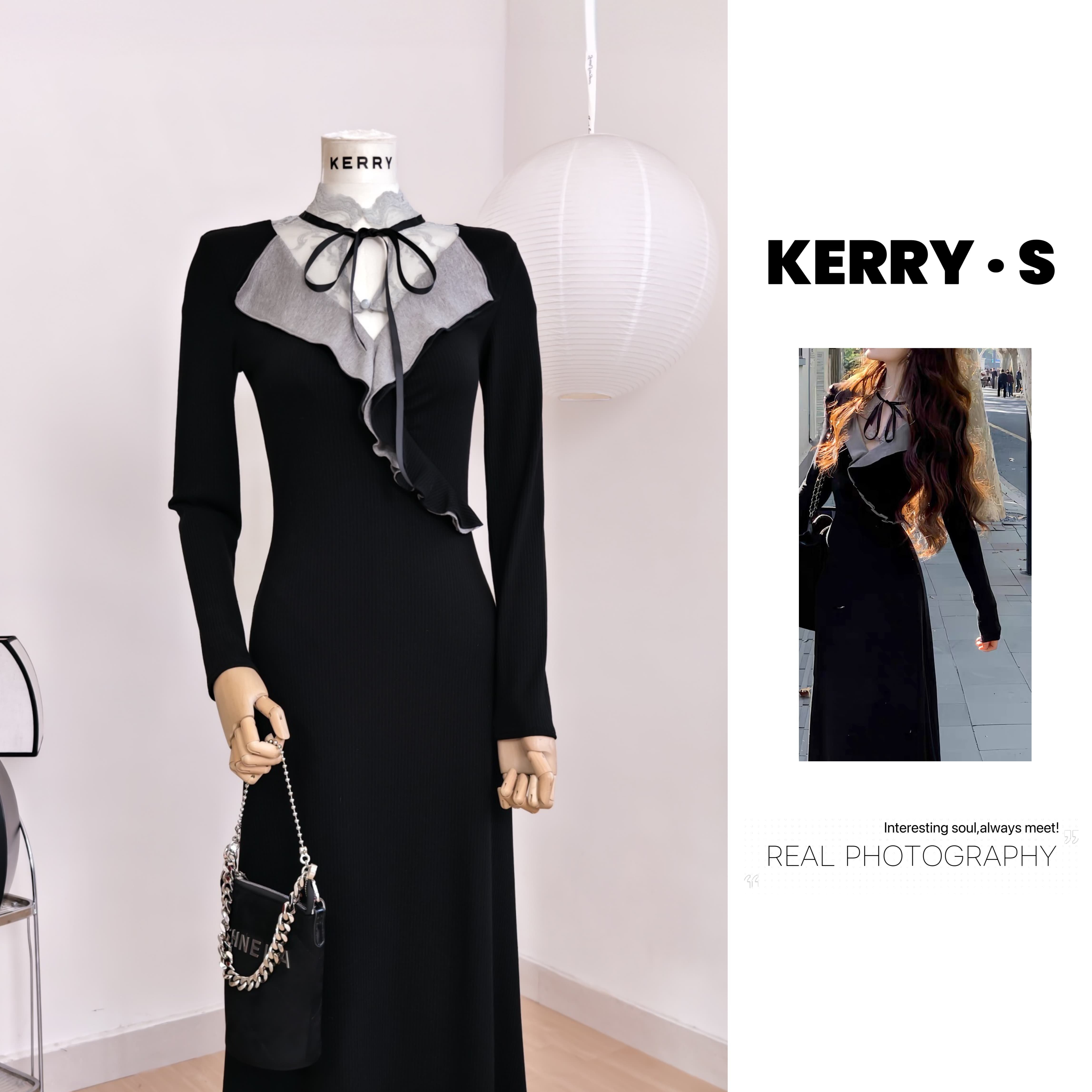 贝蒂小姐 法式复古系带收腰针织连衣裙女秋冬蕾丝蝴蝶结内搭长裙