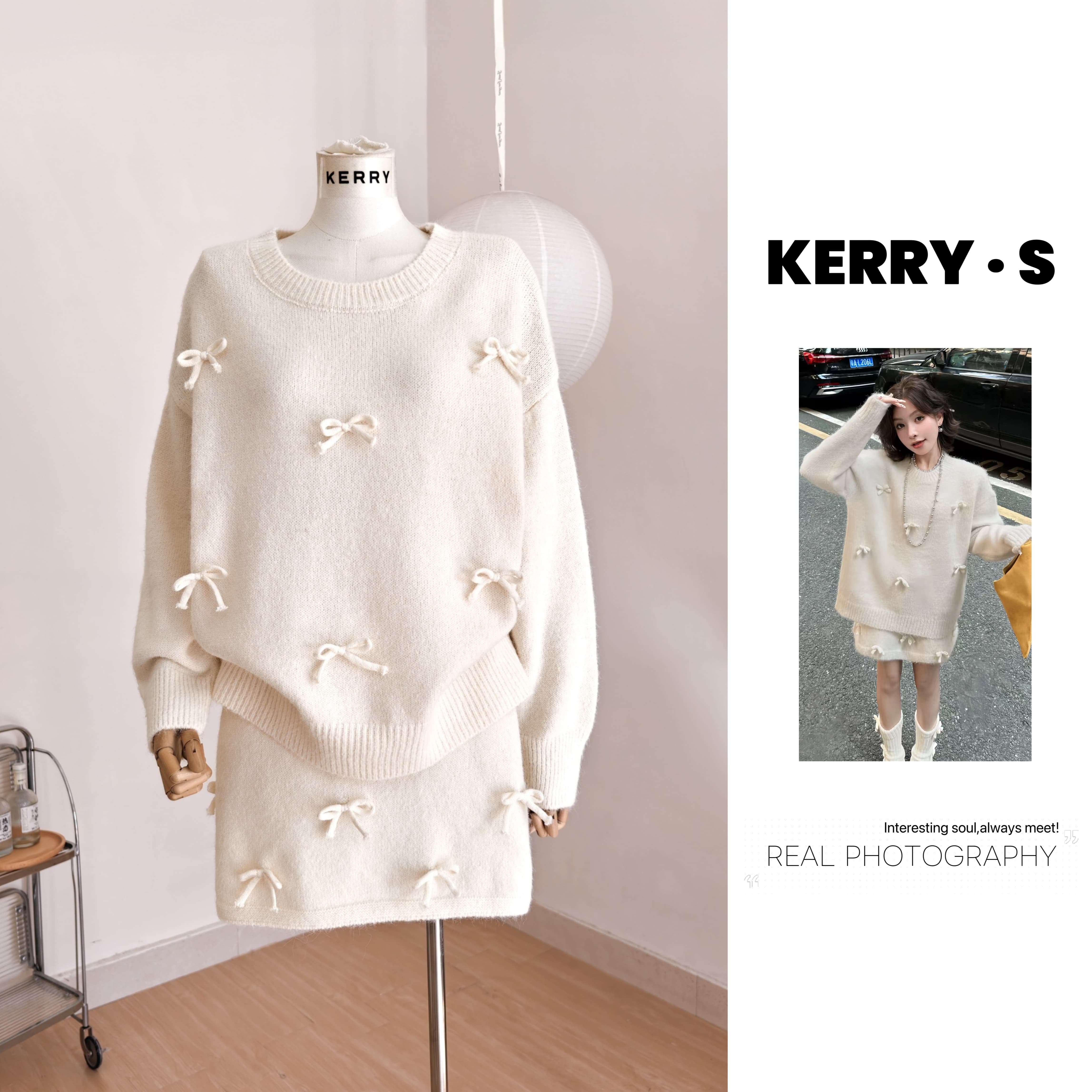 韩系一整套深冬穿搭显瘦白色毛衣套装女重工蝴蝶结针织短裙两件套,女装/女士精品,时尚套装,淘宝优惠券,粉丝福利购,淘宝优惠卷