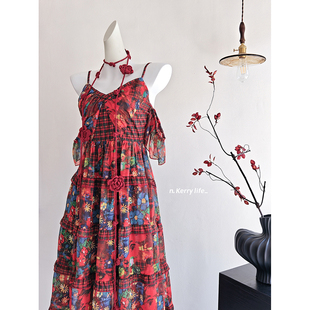 Kerry裙子女夏「焰火灼春」法式 复古V领吊带碎花长裙度假连衣裙