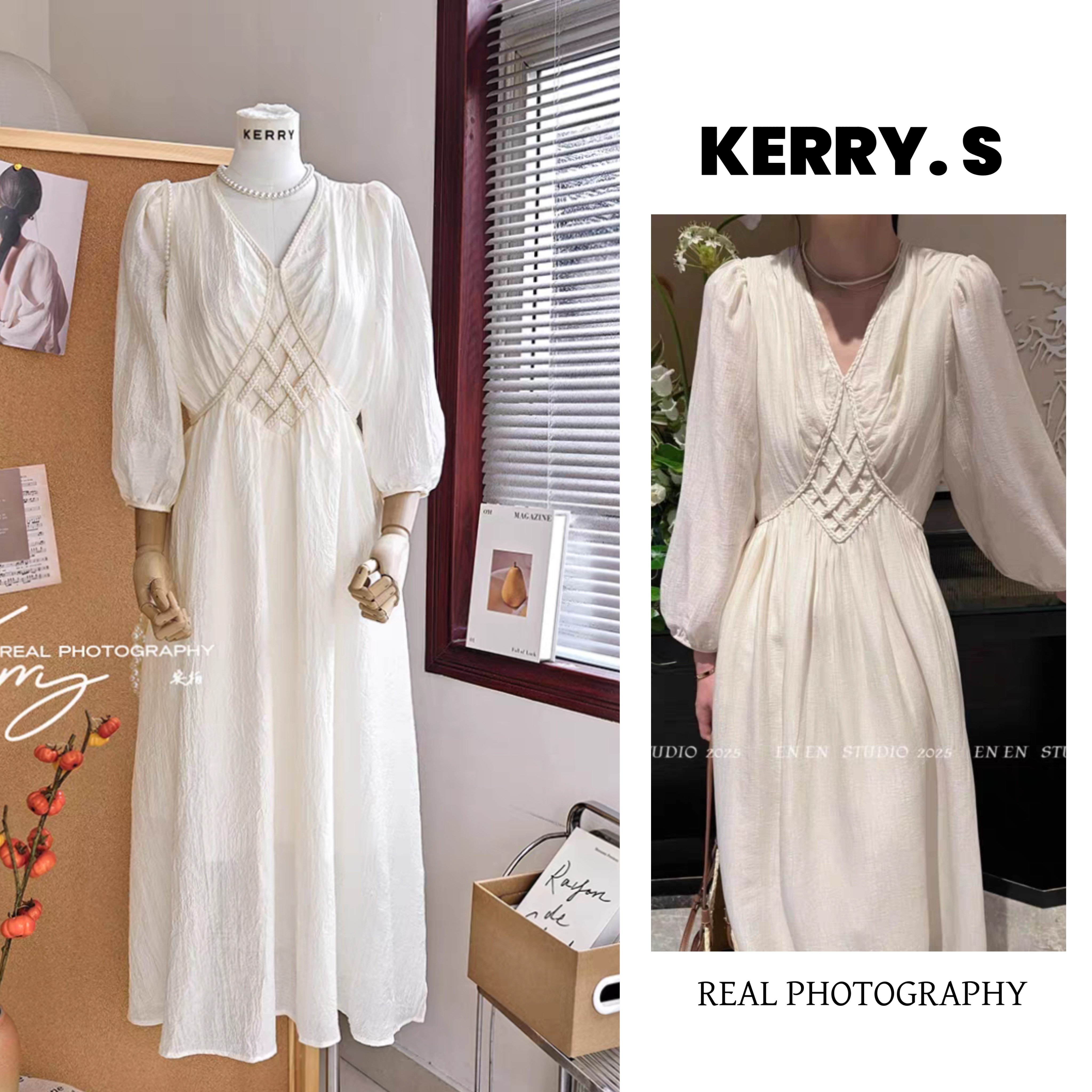 Kerry超仙薄纱长裙子 法式温柔V领礼服设计感收腰气质夏季连衣裙