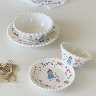 可爱珠边餐具家用陶瓷碗ins高颜值酸奶碗甜品早餐碗盘碟 法式