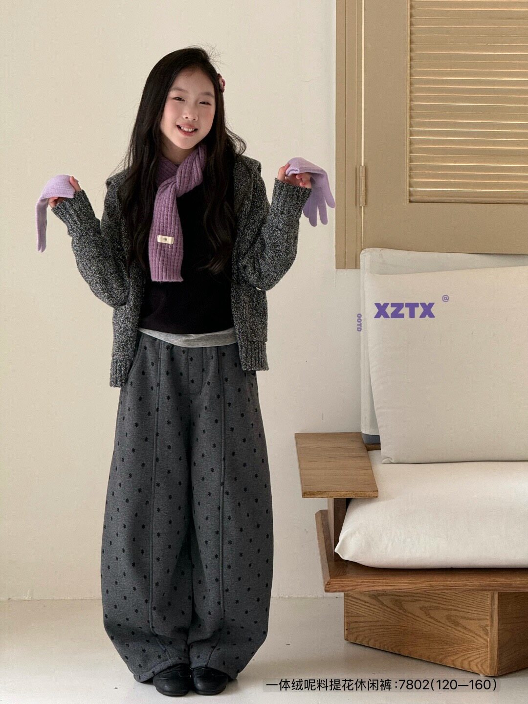 L小智同学7802灰26冬季女大童一体绒呢料提花波点休闲裤120-170