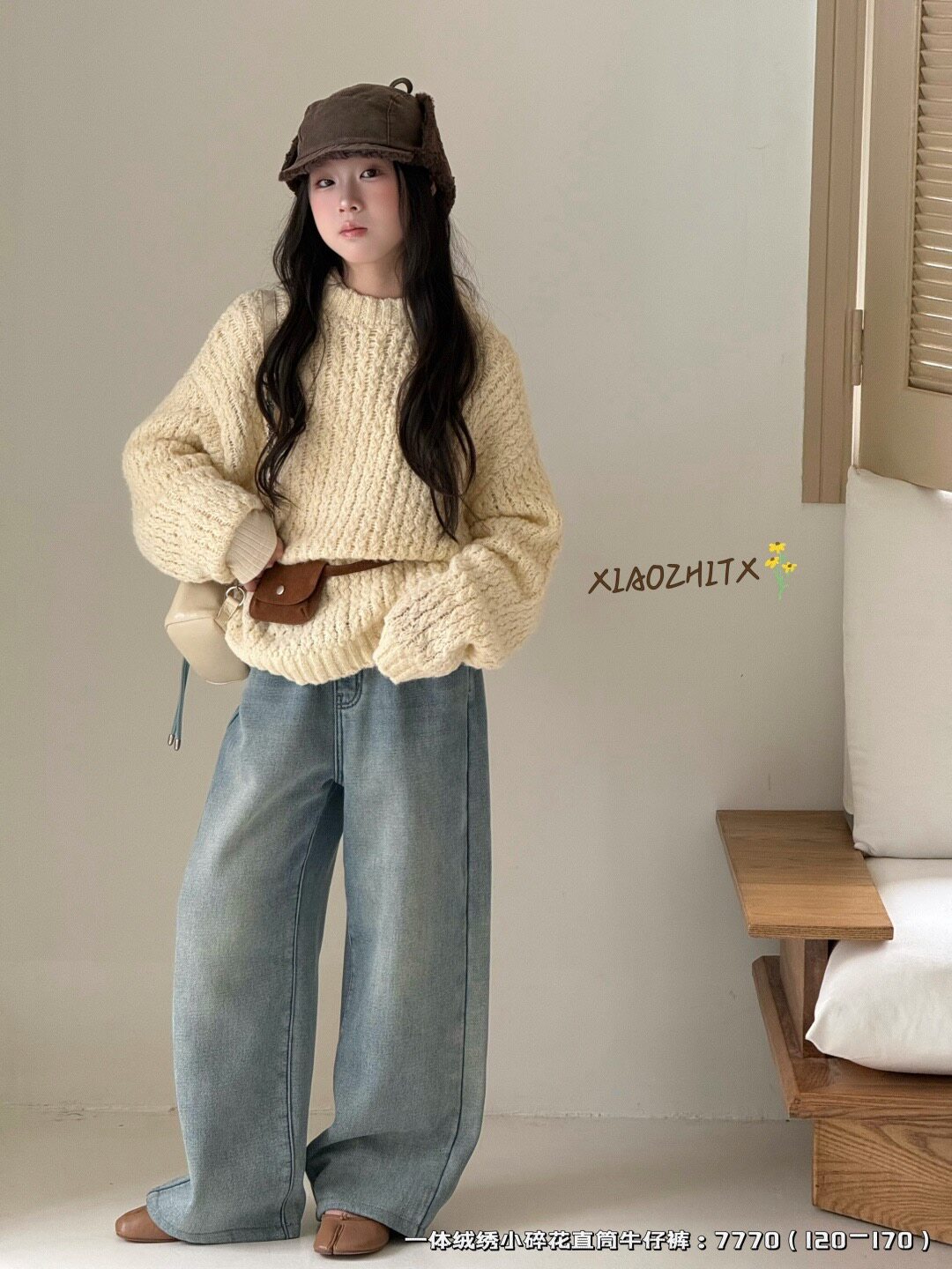 L小智同学7770原色26冬女大童一体绒小碎花中筒牛仔裤百搭120-170
