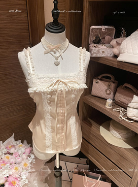 Peach's/Doll系典藏 古早杏粉缎面蕾丝吊带日系感甜美收腰上衣