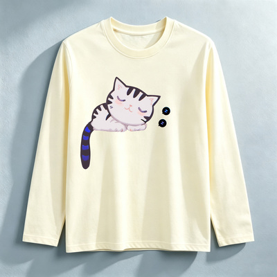 纯棉长袖T恤女圆领睡觉猫咪印花