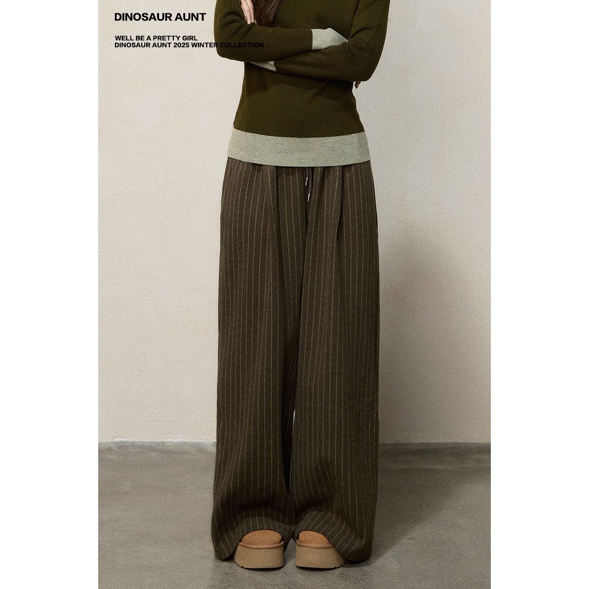 DINOSAUR AUNT恐龙阿姨 韩系慵懒芥绿色竖条纹松紧腰阔腿休闲长裤