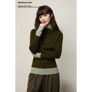DINOSAUR AUNT恐龙阿姨 秋冬撞色假两件长袖中领打底羊毛针织上衣