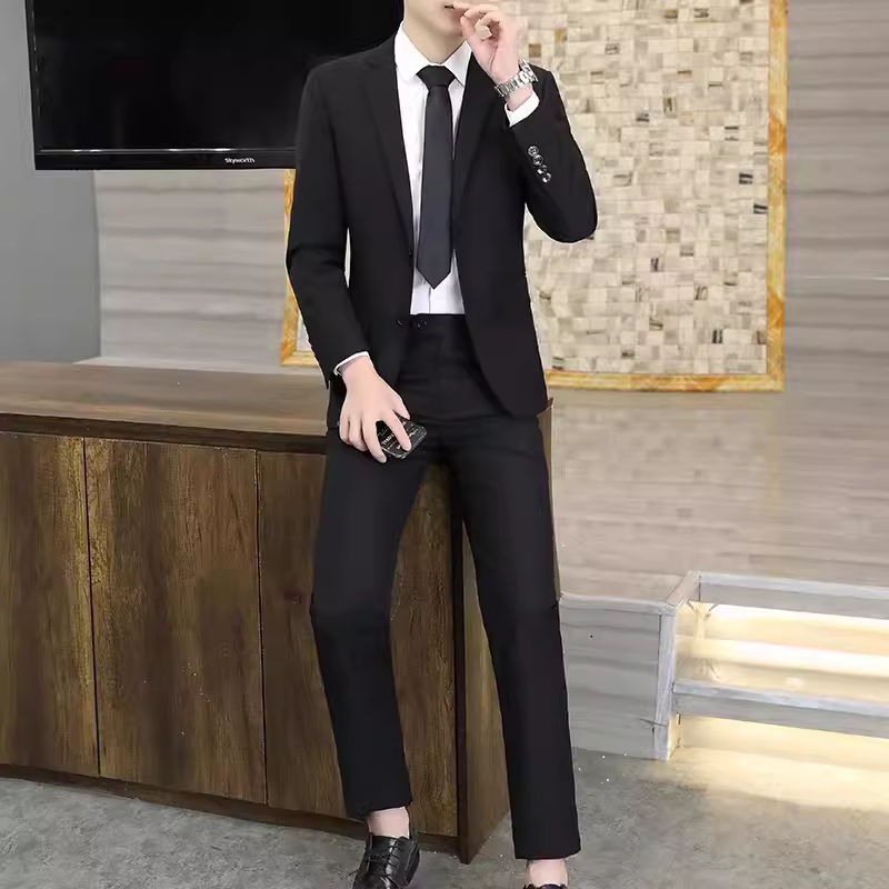 男士西服大学生面试西装西裤职业套装修身商务银行航空工作服黑色