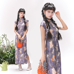 改良旗袍新中式 粼夕squama 花瓣袖 紫色國(guó)風(fēng)連衣裙夏季 雪燭搖光