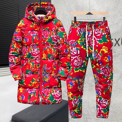 东北大花中长款棉袄男女同款网红冬季棉衣加厚保暖外套棉服套装潮