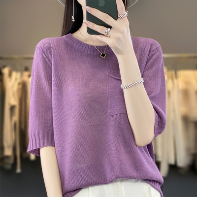 夏季圆领棉麻针织衫女薄款t恤女