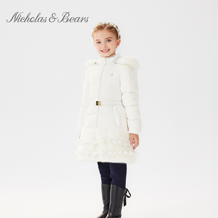 力高芘熊女童羽绒服中长款2023秋冬新款保暖纯色连帽毛领羽绒女孩