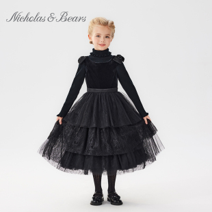 力高芘熊秋冬新款黑色丝绒女童晚礼服无袖高端网纱连衣裙公主裙VI