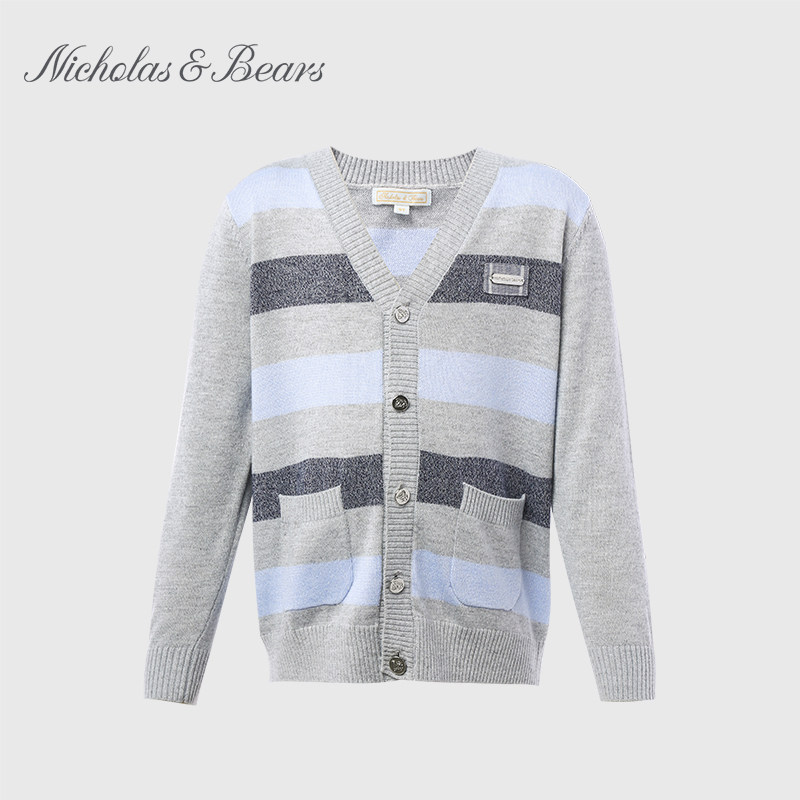 力高芘熊春夏新款男童长袖条纹针织开衫经典舒适英伦风毛衣秋VI