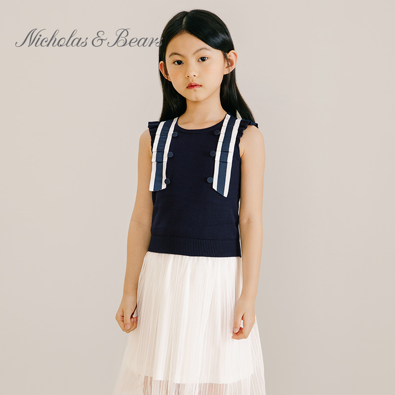 力高芘熊女童针织毛衣背心春秋季亲肤中大童休闲无袖女宝宝针织衫