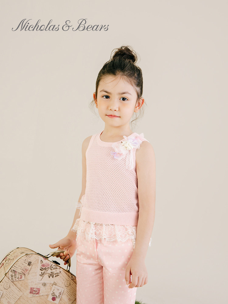 力高芘熊 女童背心针织衫夏蕾丝宝宝无袖上衣中大童儿童毛衣背心