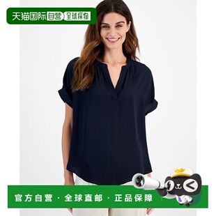 蓝色卷袖 短袖 分领衬衫 自营 蓝色 Tahari上衣女式 FTS1331 美国奥