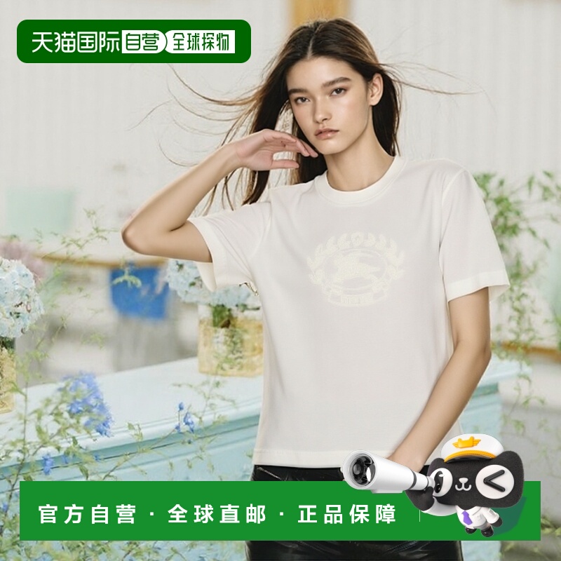 欧洲直邮BURBERRY/博柏利24新款 女士白色棉质马术骑士刺绣T恤