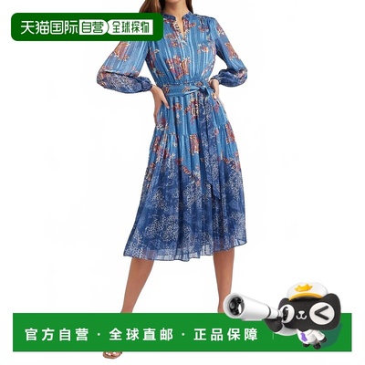 自营current airFloral Mandarin Collar Midi Dress In Blue - b