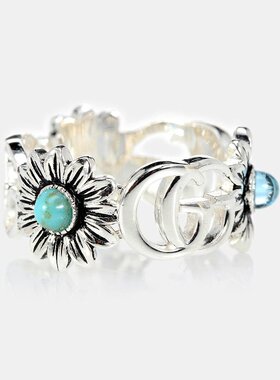 潮奢 Gucci 古驰 女士 双G花朵纯银黄玉珍珠母戒指 000919