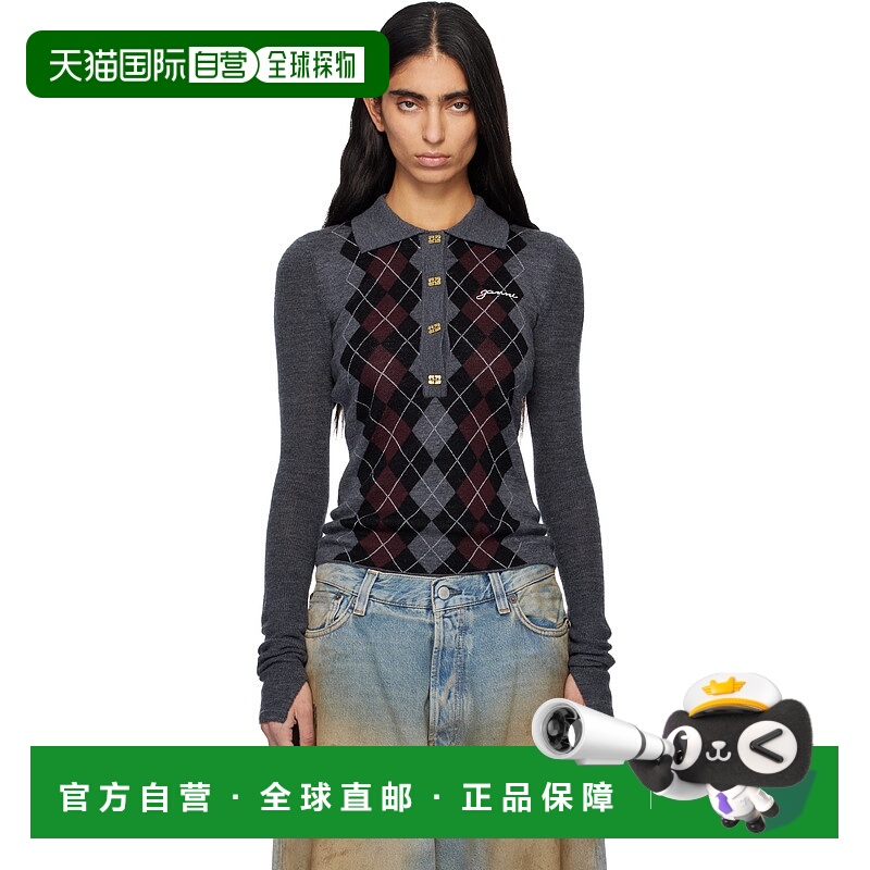 香港直邮GANNI 甘尼 女士 灰色 Fine Merino Jacquard Polo 衫 K2