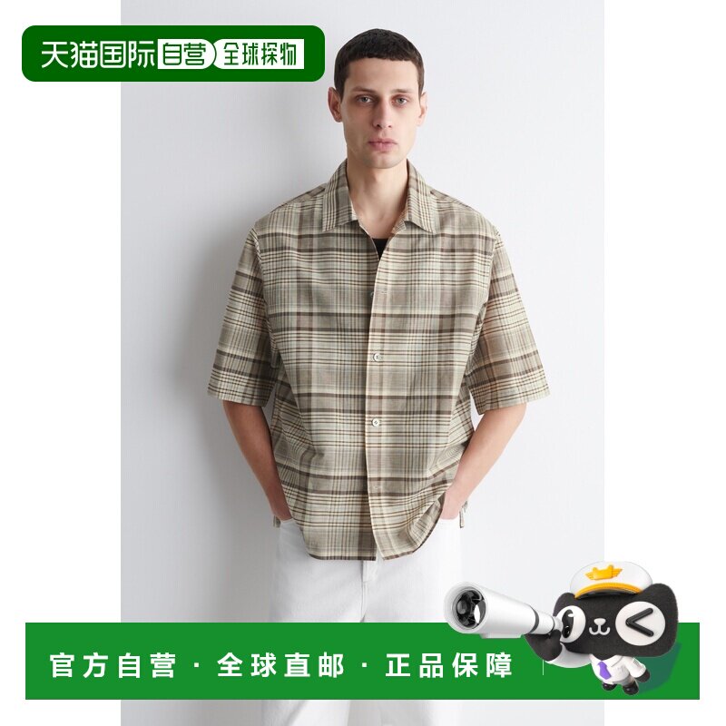 欧洲直邮自营COS 男士米色亚麻棉质格纹短袖衬衫