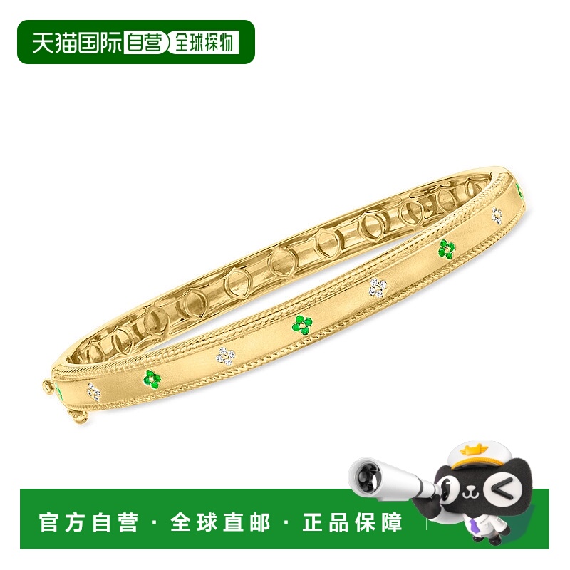 自营 Ross-Simons 祖母绿花朵手镯手镯，配以 18kt 金钻石配饰 -