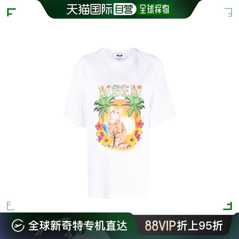 香港直邮Msgm女士精品T恤淡白色胸前有小猫图案圆领大众宽松