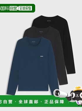 自营欧洲直邮Hugo Boss 男士黑色/灰色/蓝色棉logo标识长袖T恤