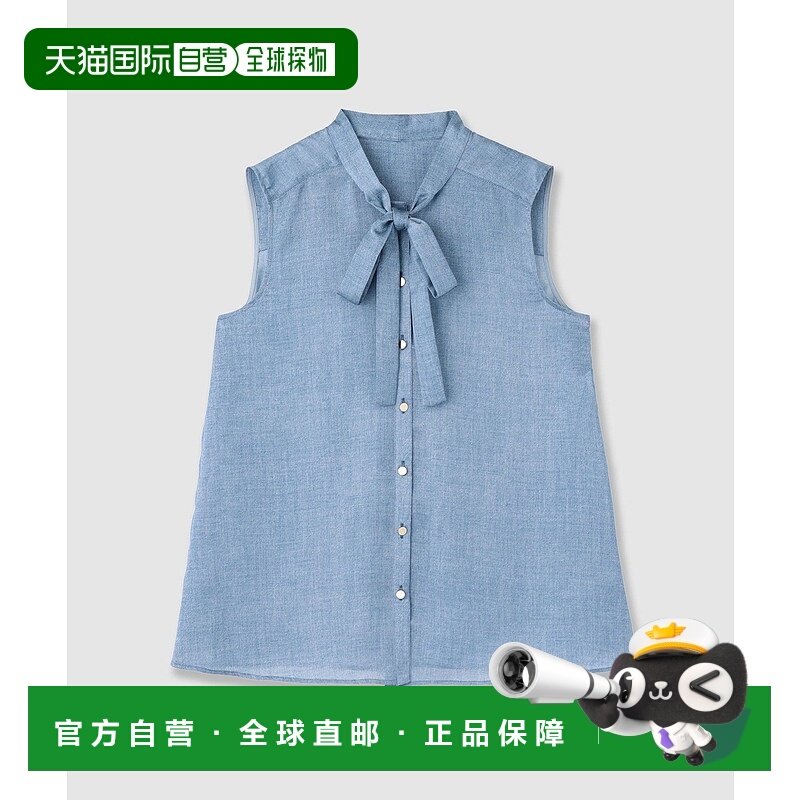 1h可退 日本直邮ANAYI女装丹宁印花缎面bowtie衬衫 细蝴蝶结设计