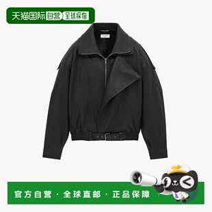 自营欧洲直邮YSL圣罗兰 女士黑色羔羊皮拉链闭合飞行员夹克皮衣