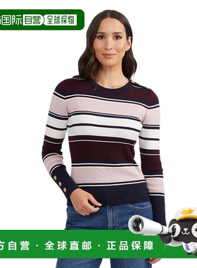 自营Ellen Tracy女式圆领罗纹毛衣，带纽扣细节-品酒多条纹 美国