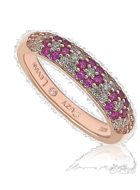 自营 Suzy Levian 花卉红宝石和白色方晶锆石玫瑰银半戒圈 - 红色