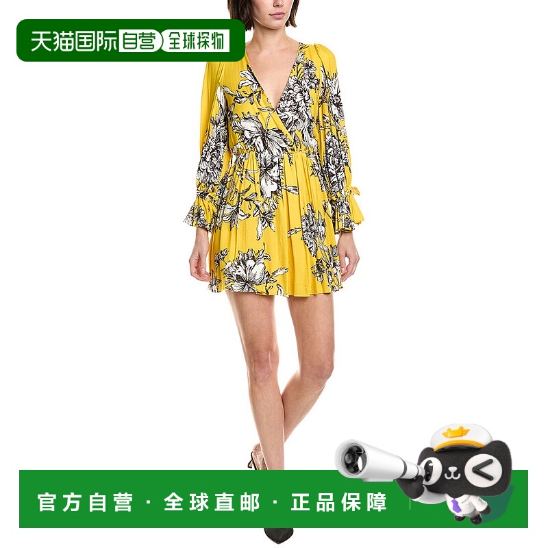 自营alice + olivia Clarissa Deep V Tie Sleeve Mini Dress - y