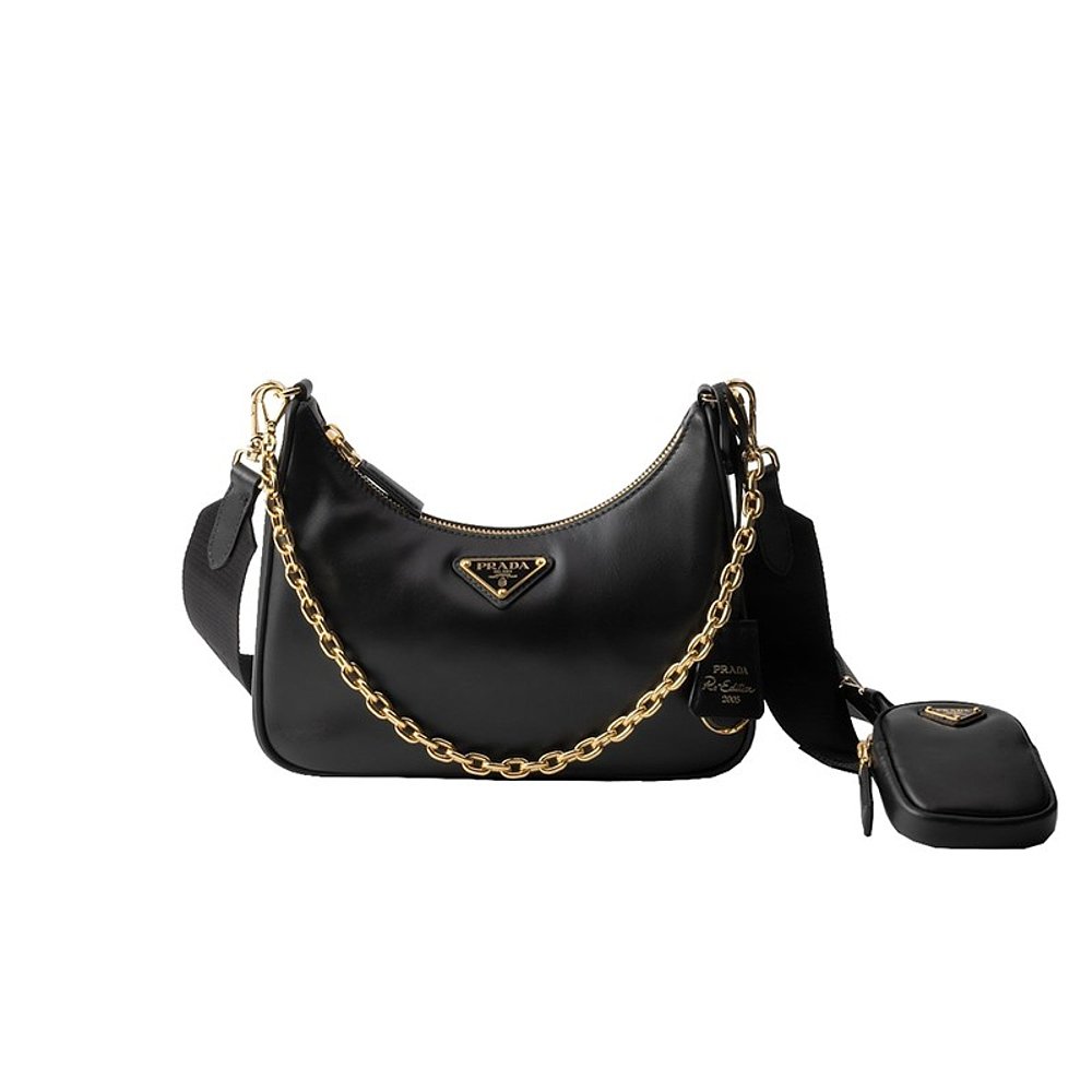 Prada/普拉达 女士黑色皮革可调肩带和链条拉链闭合单肩包