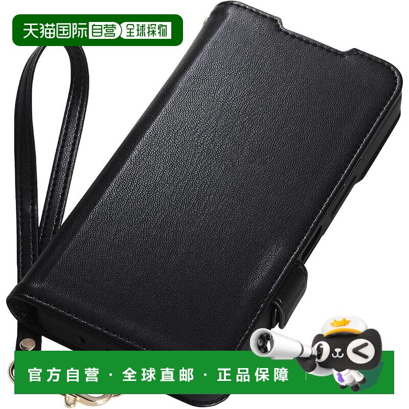 日本直邮宜丽客 AQUOS wish6 带手绳磁吸皮套 黑色手机壳
