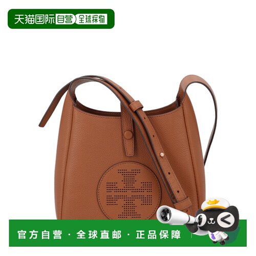 自营tory burch结构化棕色皮革肩包，搭配圆形徽标-棕色 美国奥莱