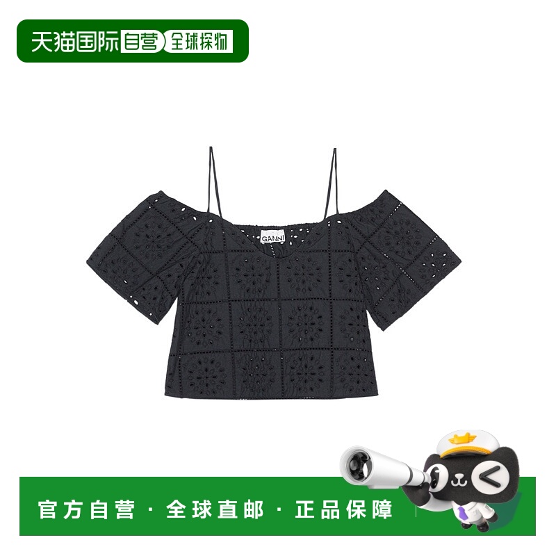 香港直邮GANNI 女士T恤 F7846099 SS2023 黑色 Broderie anglaise